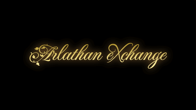 A black background with amber glowing golden text that says &quot;Arlathan eXchange&quot; in a script font which is decorated with leaves. A golden magical light flies around the text wrapping around it and sparkling as if by magic.
